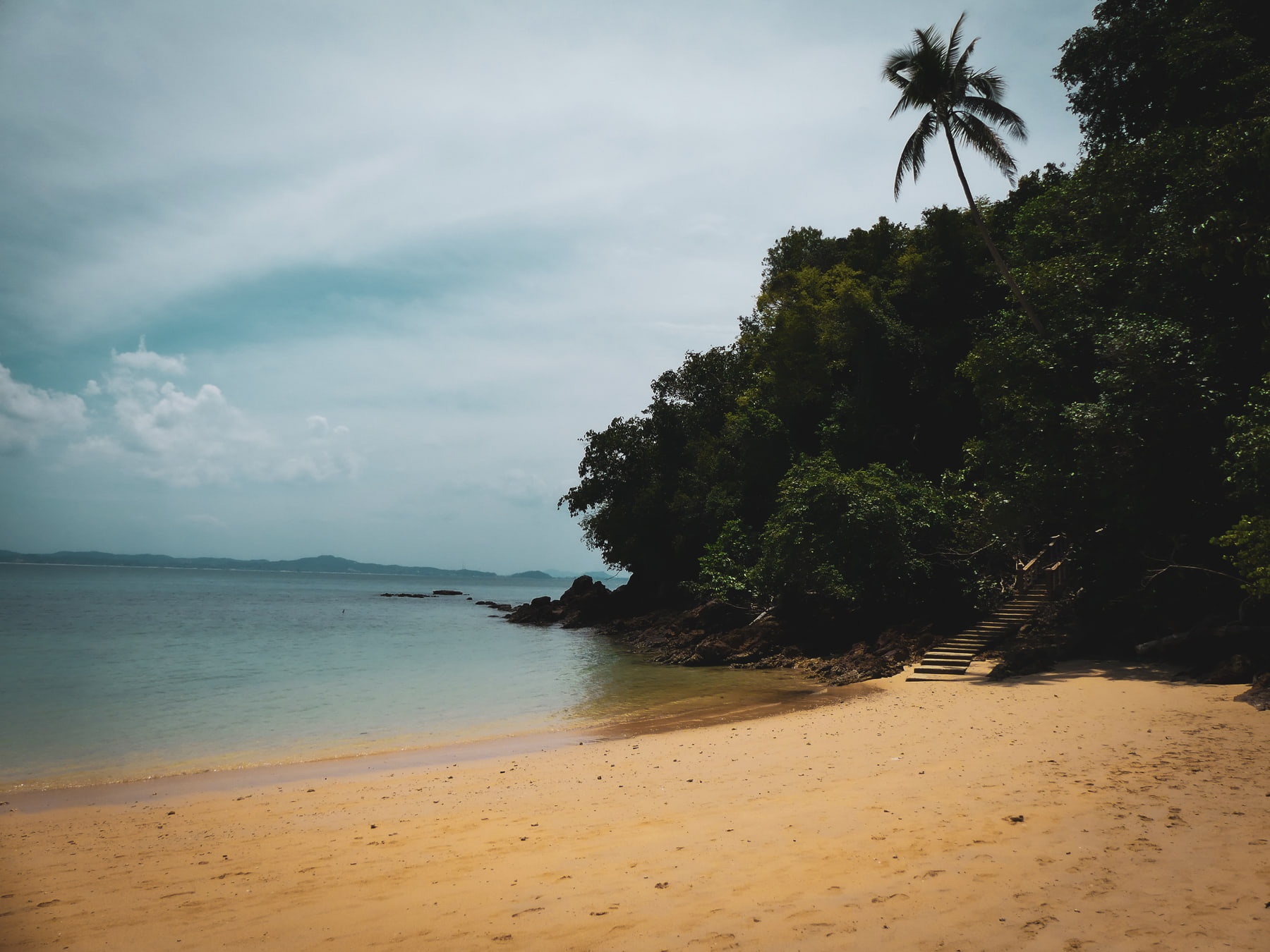 An empty curve of sand under soft cloud, with jungle and one leaning palm on the right and a flight of steps rising into the trees.