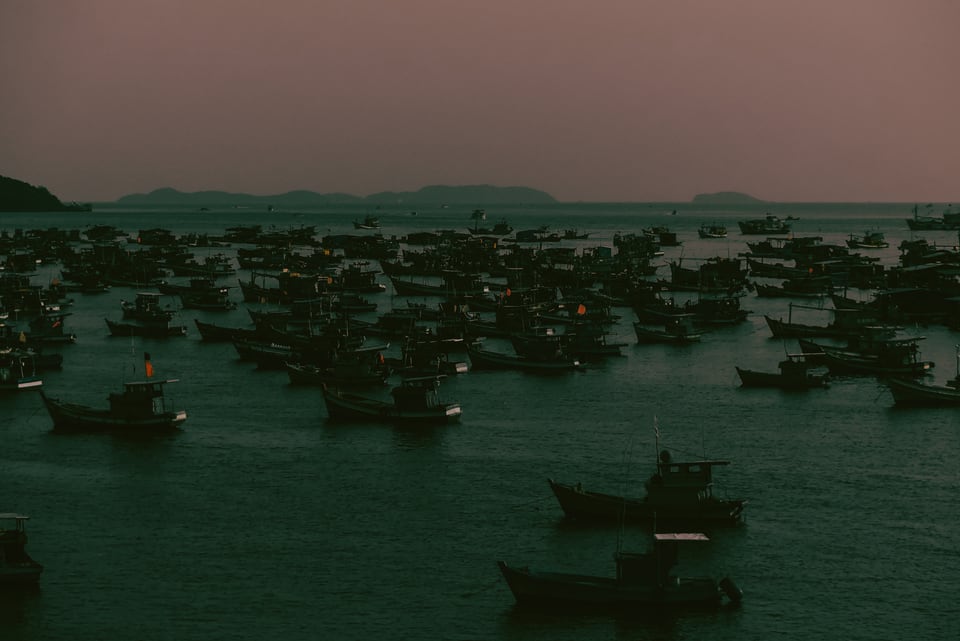 A dense fleet of fishing boats sits at anchor in green water.