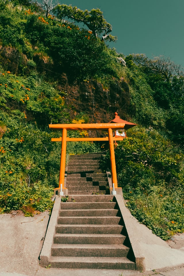 An orange torii gate stands above a narrow stone stair.