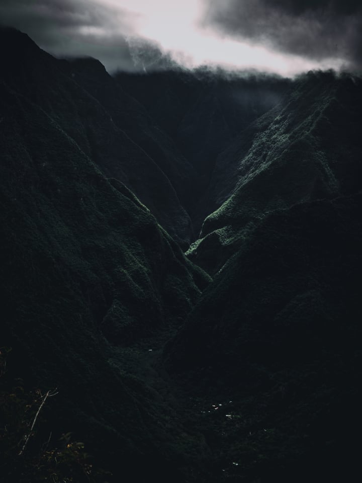 A dark ravine drops between two forested walls beneath heavy cloud.