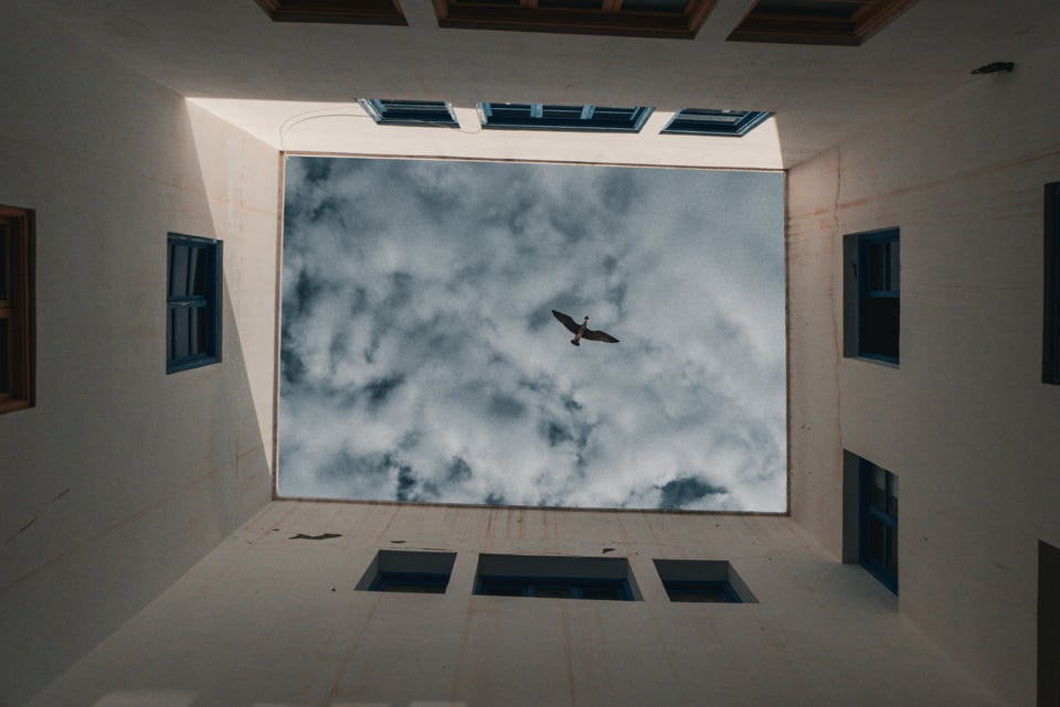 A bird crosses the square of cloud framed by an open courtyard light well.